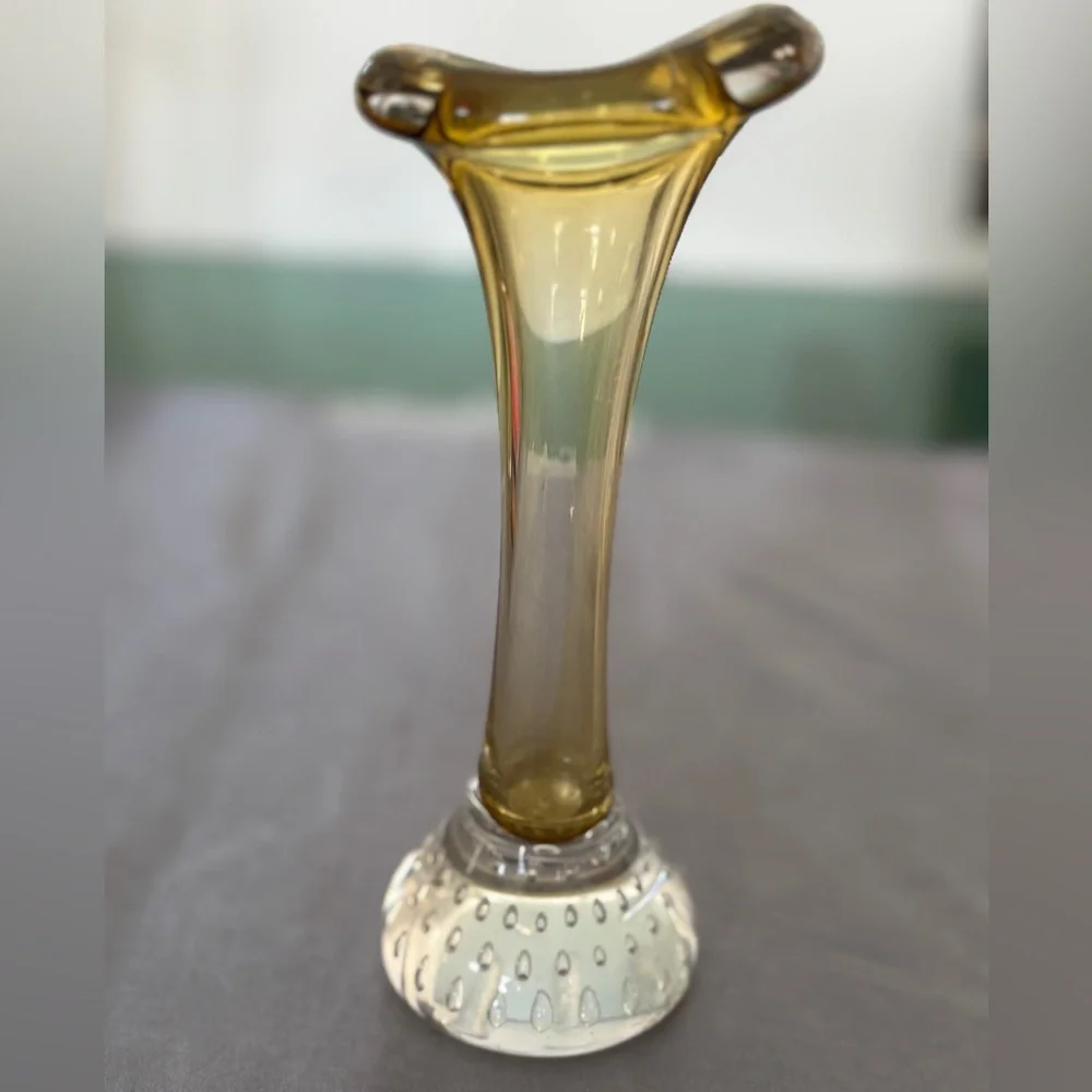 Vintage Aseda Amber Art Glass Jack in the Pulpit Vase w/ Bubble Base 7